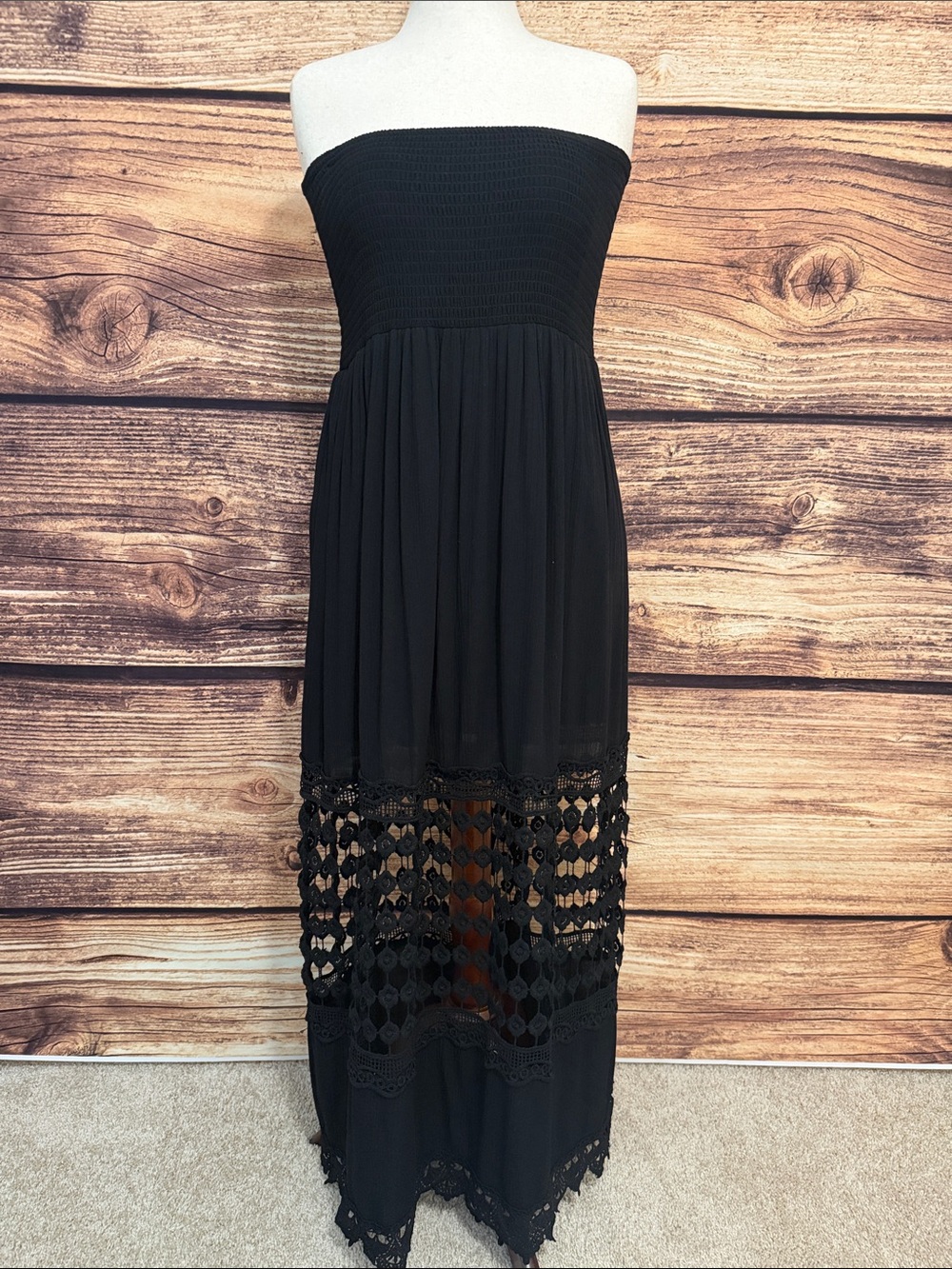 Justify Black Strapless Maxi Dress with Crochet Hem